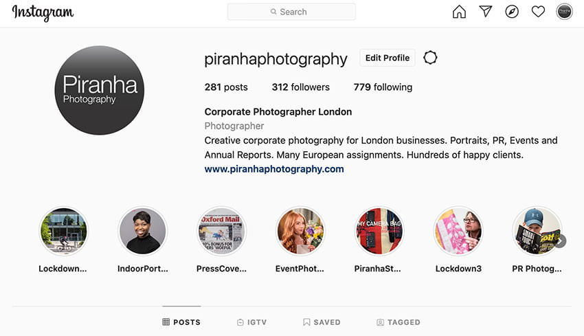 Piranha Photography - Instagram header page of information