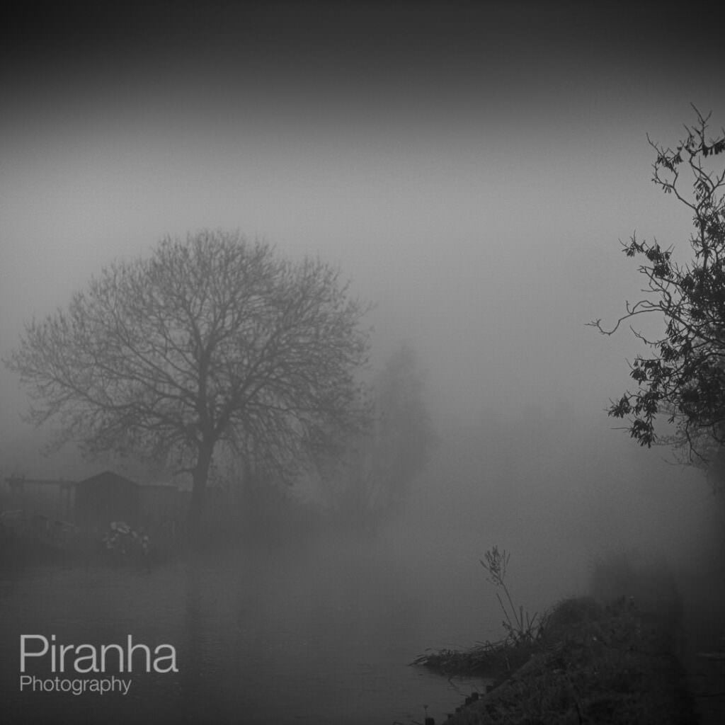 Oxford mist near the allotments and water with trees visible in black and white taken on Leica camera
