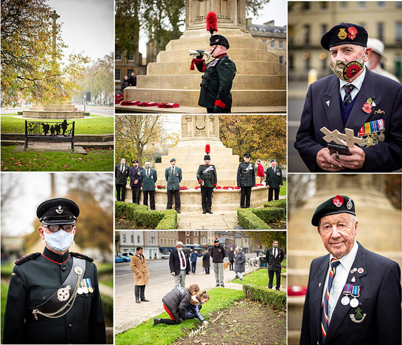 Montage of photographs taken at Oxford War Memorial for Remembrance Sunday 2020 during lockdown