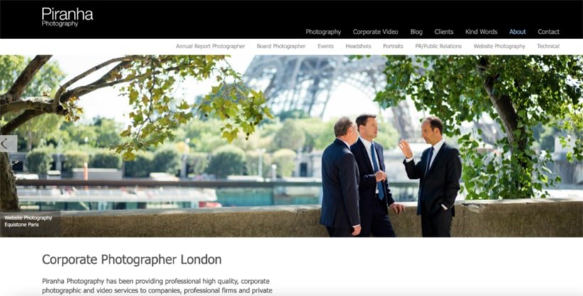 New website for Piranha Photography showing home page