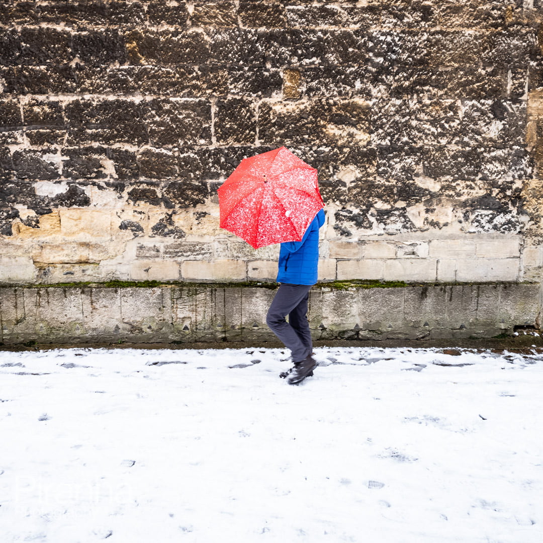 Snow in Oxford - photography with red umbrella