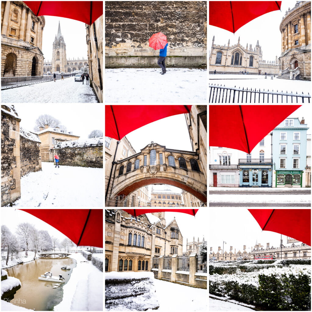 Oxford photography in the snow with a red umbrella as a prop