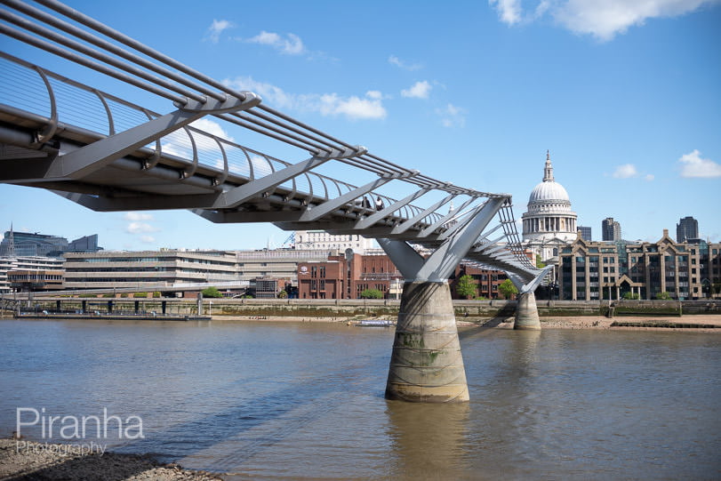 Photography of the Millennium Bridge from the edge of the Thames