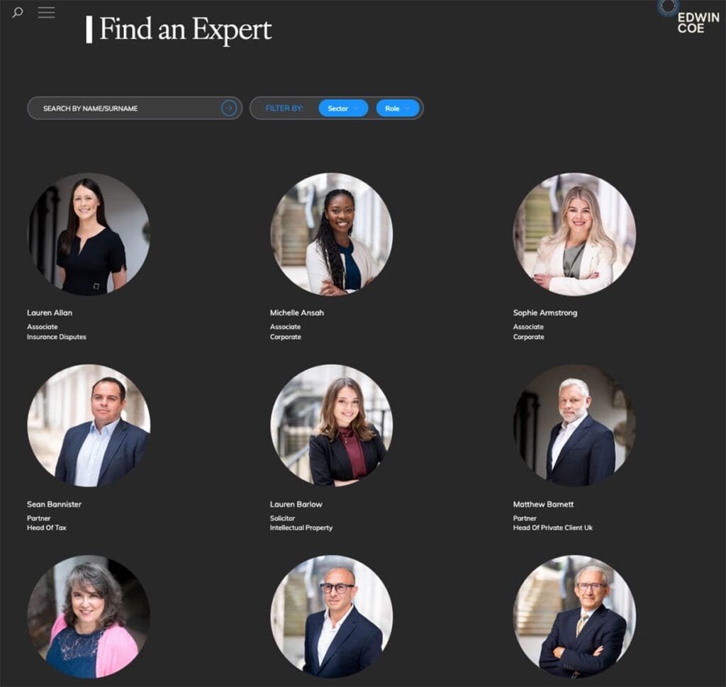 Index page for professionals work for law firm in London photographed by corporate photographer London - Piranha Photography