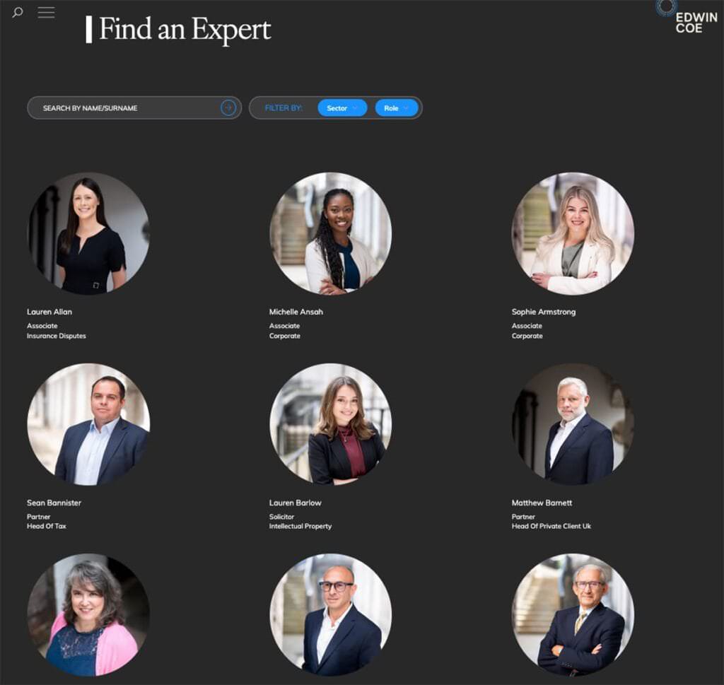 Index page for professionals work for law firm in London photographed by corporate photographer London - Piranha Photography