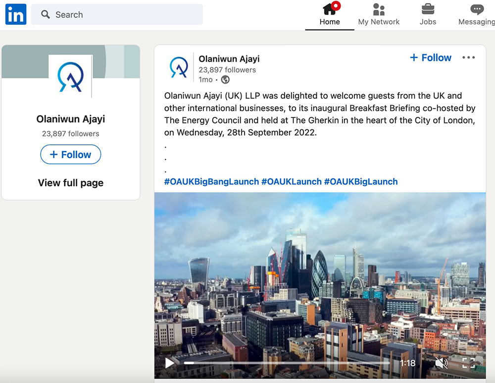 LinkedIn page with video of launch event at the Gherkin