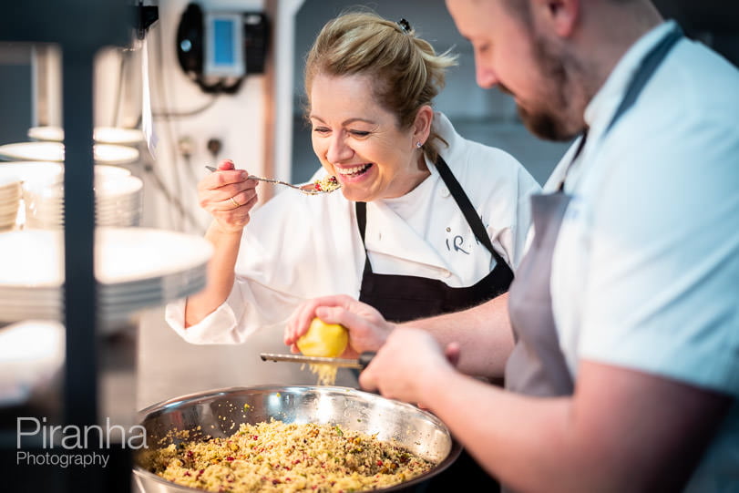 Chef tasting food that is being prepared for dinner