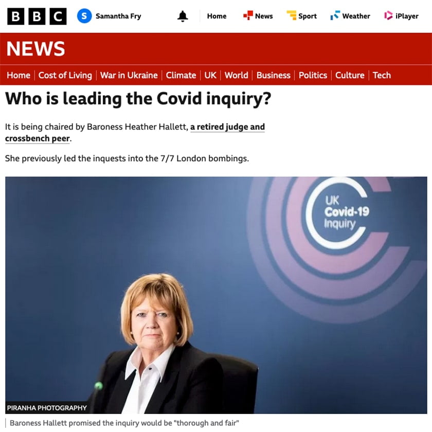 Press photography of Baroness Hallett for the UK Covid-19 Inquiry - BBC Website - PR Photographer