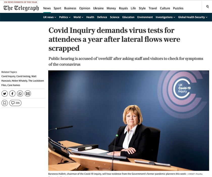 Press photography of Baroness Hallett for the UK Covid-19 Inquiry - article in the Daily Telegraph newspaper - PR Photographer London