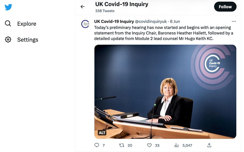 Article on Twitter featuring press photography of Baroness Hallett for the UK Covid-19 Inquiry - PR Photographer London