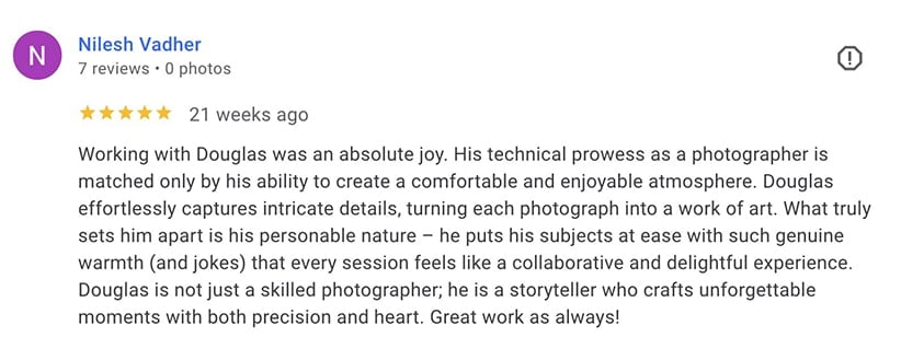 Five star google review for Piranha Photography