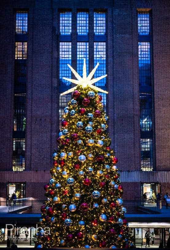 Photograph of Christmas tree in front of Battersea Power Station in London