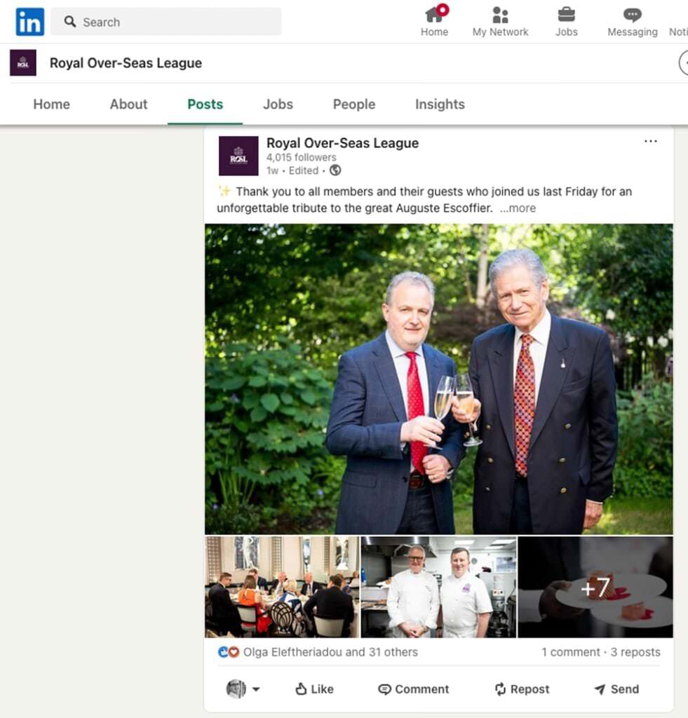 LinkedIn post featuring event photography of London venue