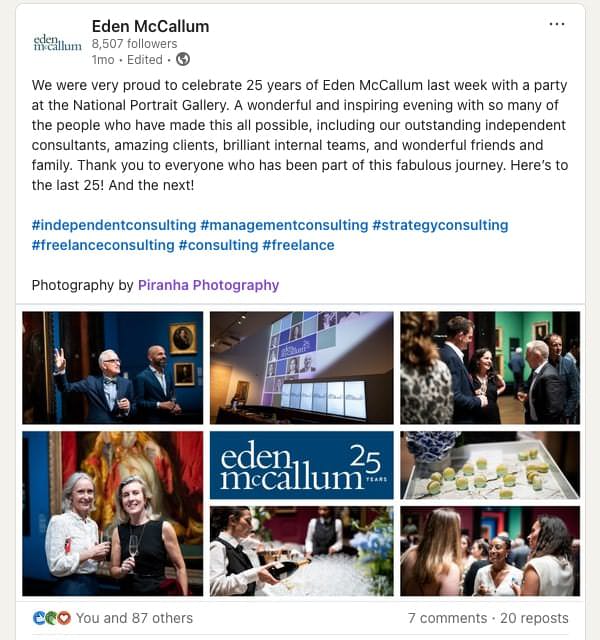 London Corporate Event photography on LinkedIn post with a mention of Piranha Photography