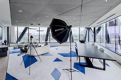 Professional photography equipment set up in London offices