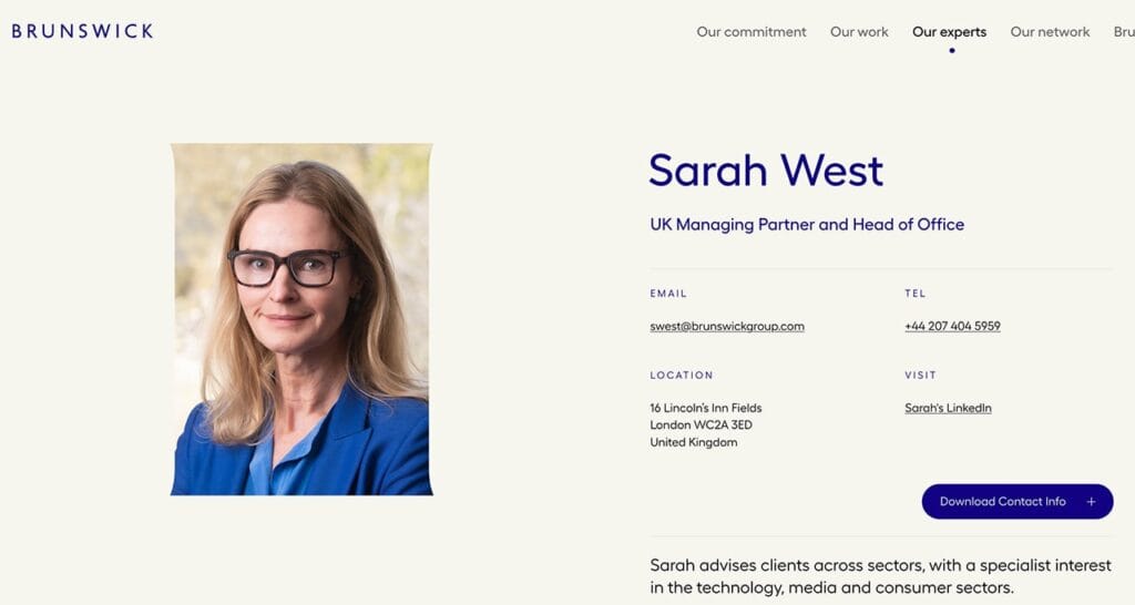 Website page showing headshot of Individual Director in London