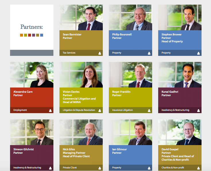 Team page of law firm showing lawyer's portraits.