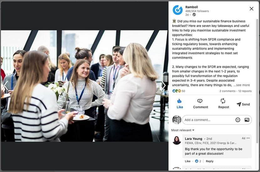 LinkedIn post featuring corporate photography of breakfast meeting
