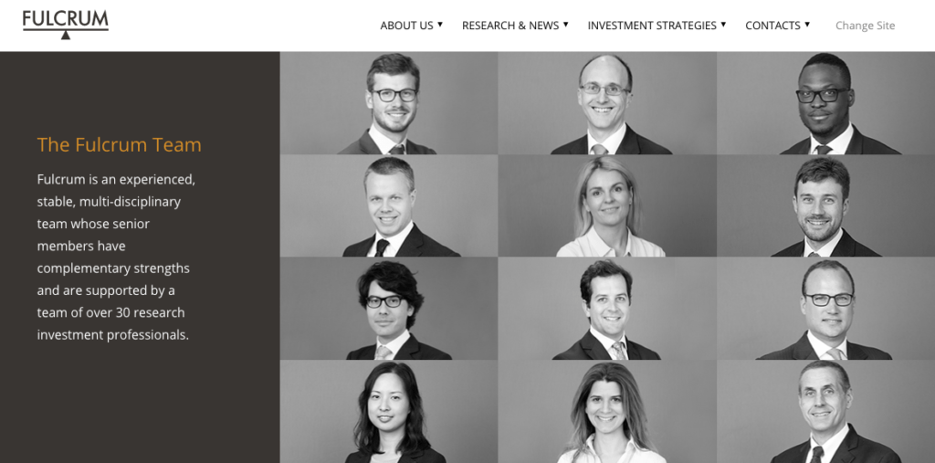 Fulcrum team page showing members in black and white