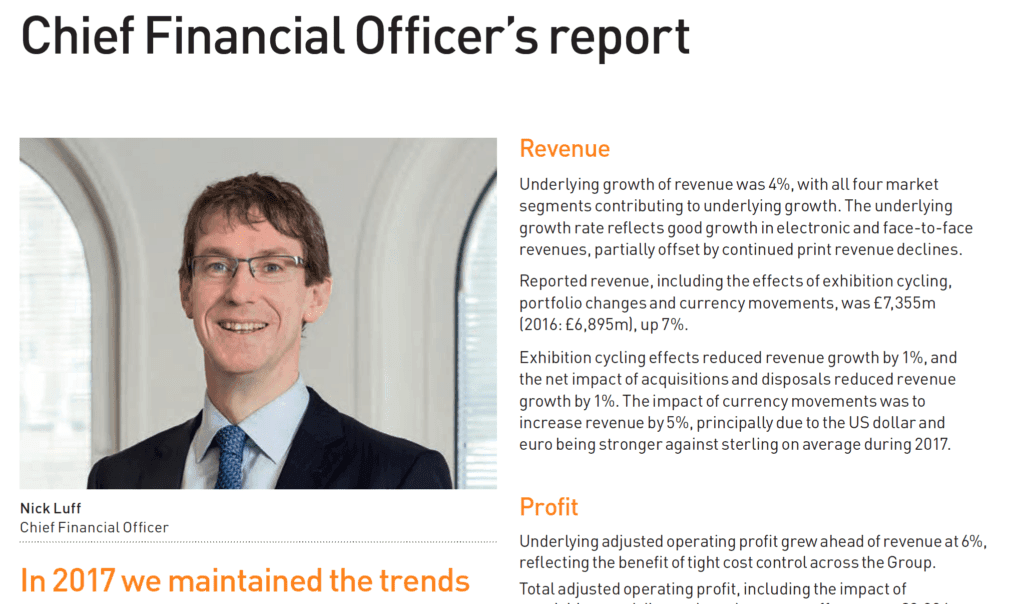 Finance Director's photograph next to statement in Annual Report FTSE100 company