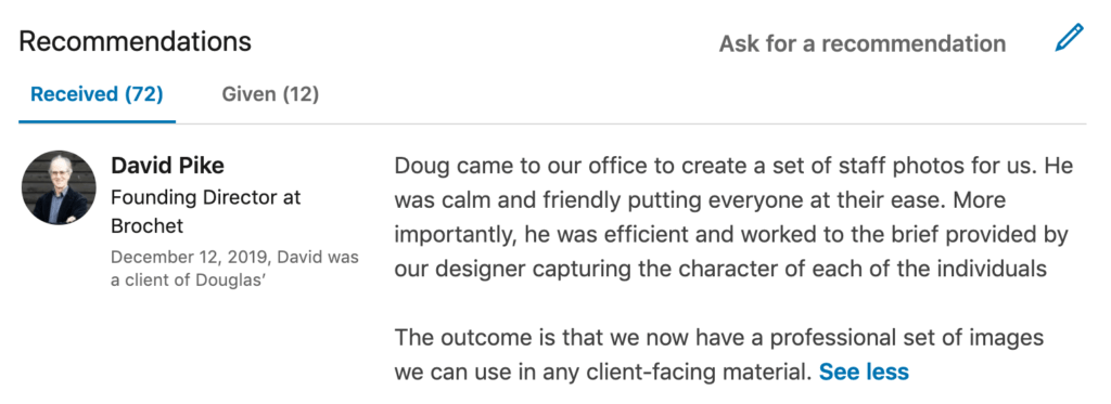 LinkedIn Recommendation from corporate client after team photography