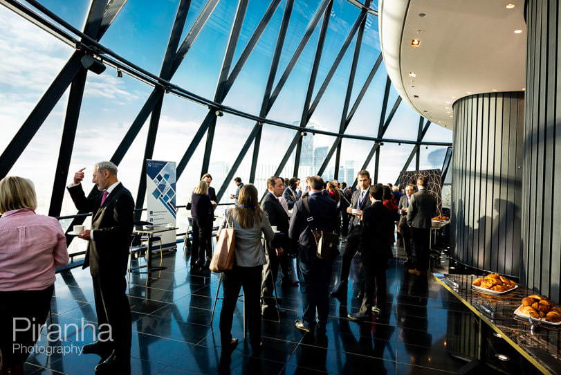 Photography of conference speaker at launch event in London at the Gherkin