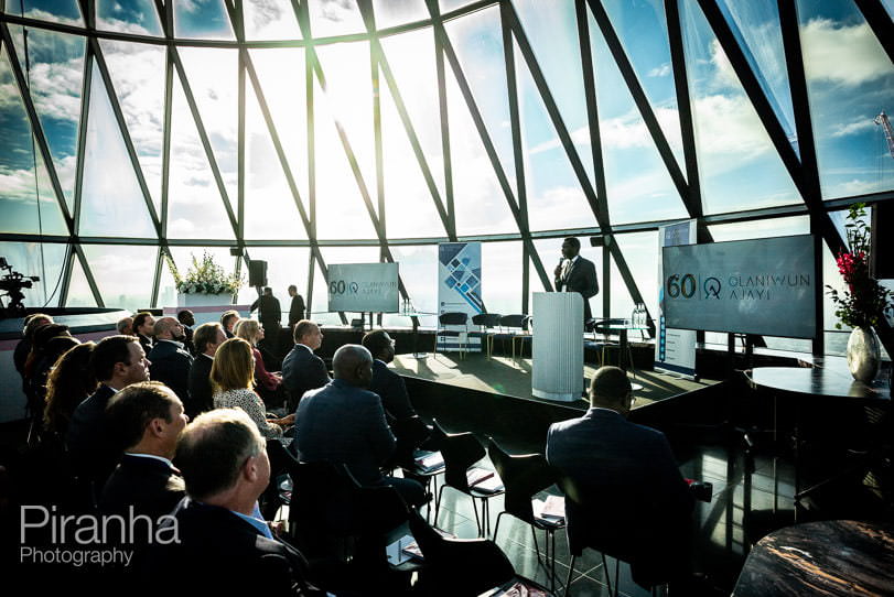 Photography of conference speaker at launch event in London at the Gherkin