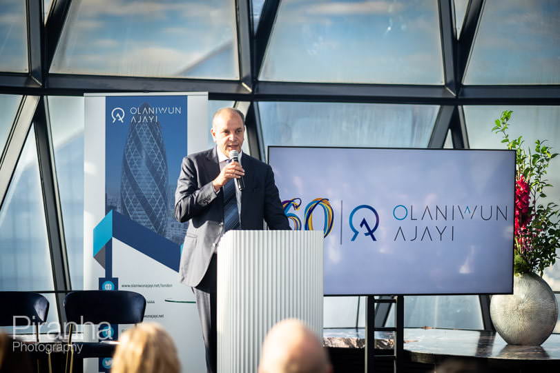 Photography of conference speaker at launch event in London at the Gherkin