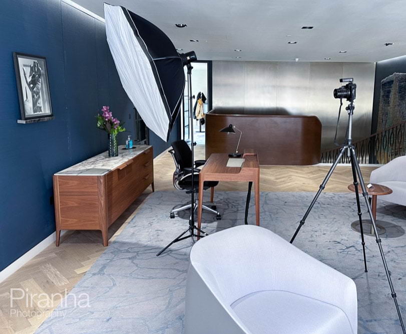 flash-kit Elinchrom flash set up for corporate headshots in London offices showing softbox in use.