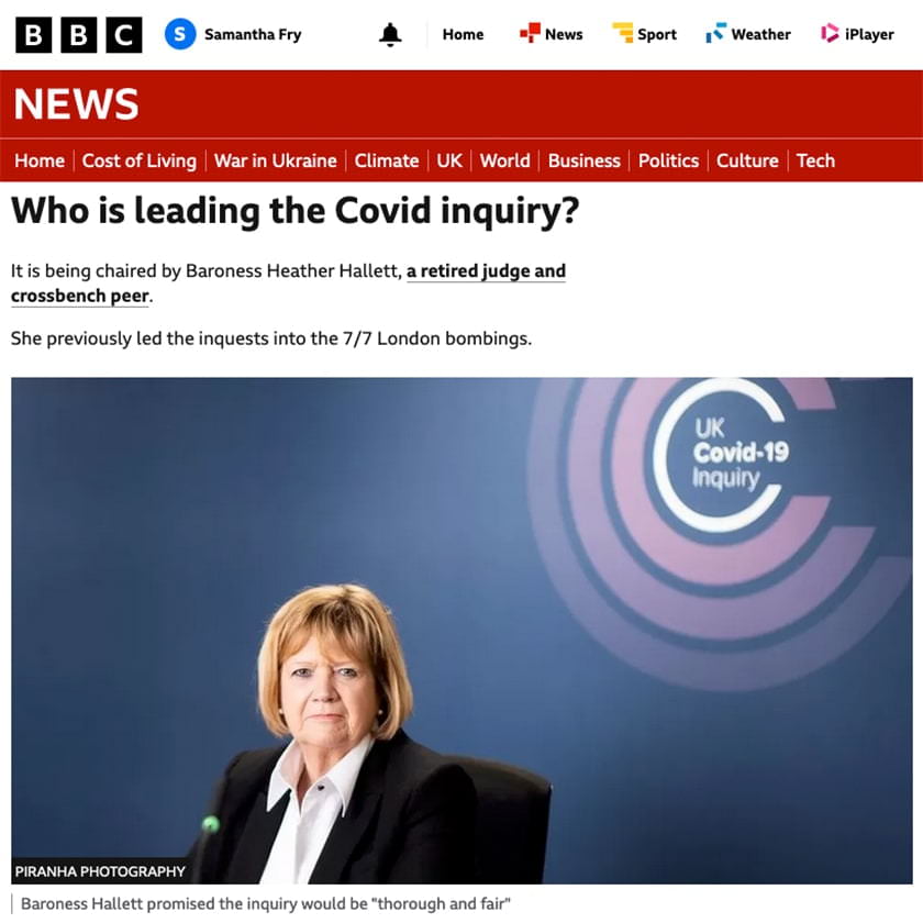 Press photography of Baroness Hallett for the UK Covid-19 Inquiry - BBC Website - PR Photographer